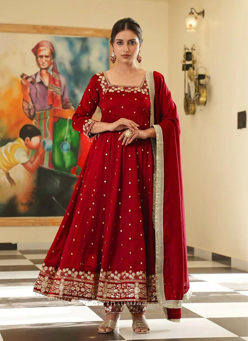 Teeya Creation Red Color Pure Vichitra Silk Embroidery Work Party Wear Gown - Distacart