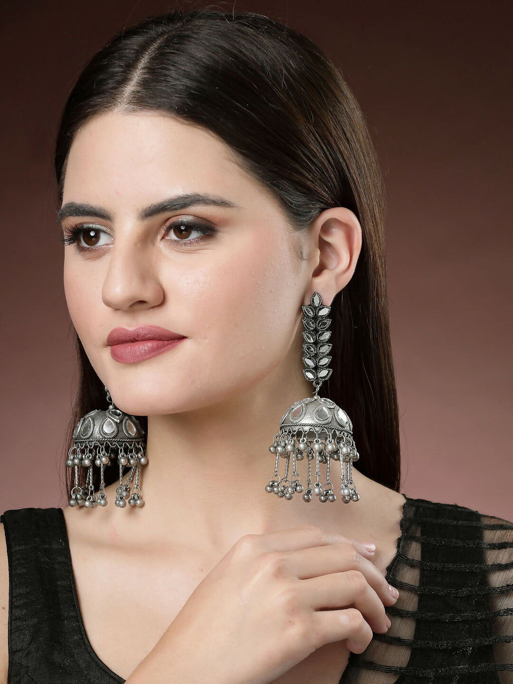NVR Women's Silver Plated Mirror Work Oxidised Contemporary Jhumka Earrings - Distacart