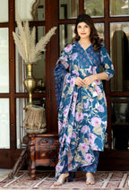 Miravan Women's Cotton Floral Angrakha Kurta And Palazzo With Dupatta Set