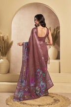 Vastranavya Coffee Digital Printed Linen Ready To Wear Designer Saree with Unstitched Blouse - Distacart