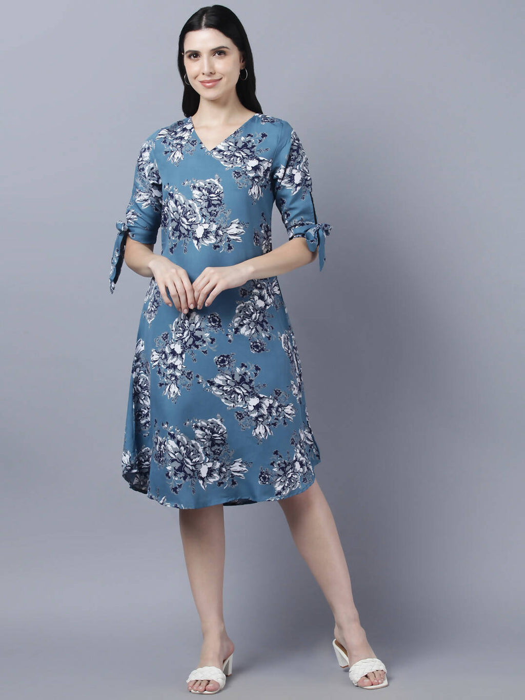 Myshka Women Teal Blue Grey Printed A-line Dress - Distacart