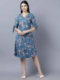 Myshka Women Teal Blue Grey Printed A-line Dress - Distacart