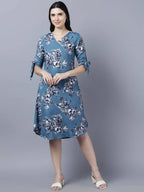 Myshka Women Teal Blue Grey Printed A-line Dress - Distacart