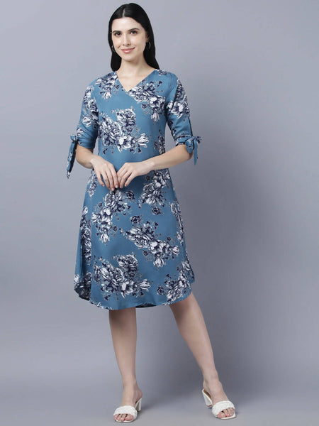 Myshka Women Teal Blue Grey Printed A-line Dress