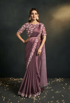 Dusty Pink Silk Satin Crepe Cord Sequence & Thread Embroidered & Moti Work Saree - Moh-Manthan Royal Enigma
