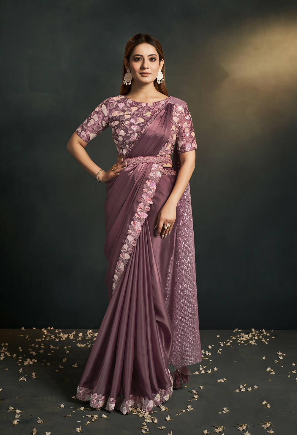 Dusty Pink Silk Satin Crepe Cord Sequence & Thread Embroidered & Moti Work Saree - Moh-Manthan Royal Enigma
