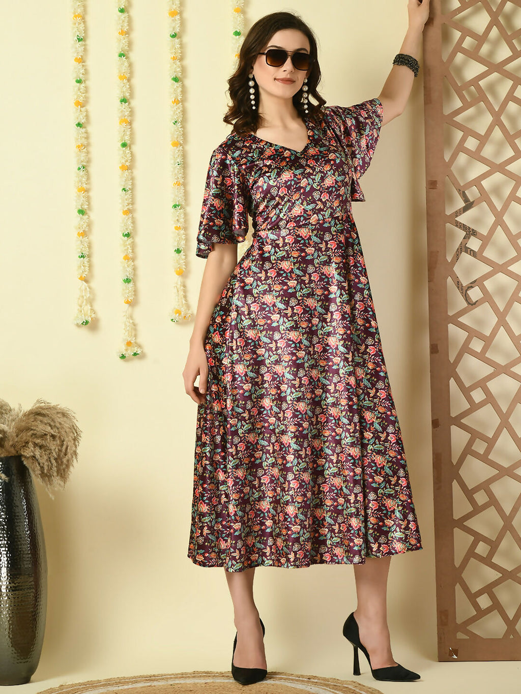 Myshka Women's Multi Printed Velvet Party Dress - Distacart