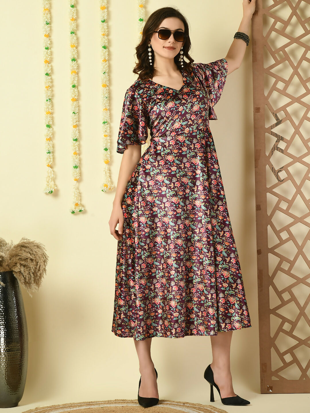 Myshka Women's Multi Printed Velvet Party Dress - Distacart