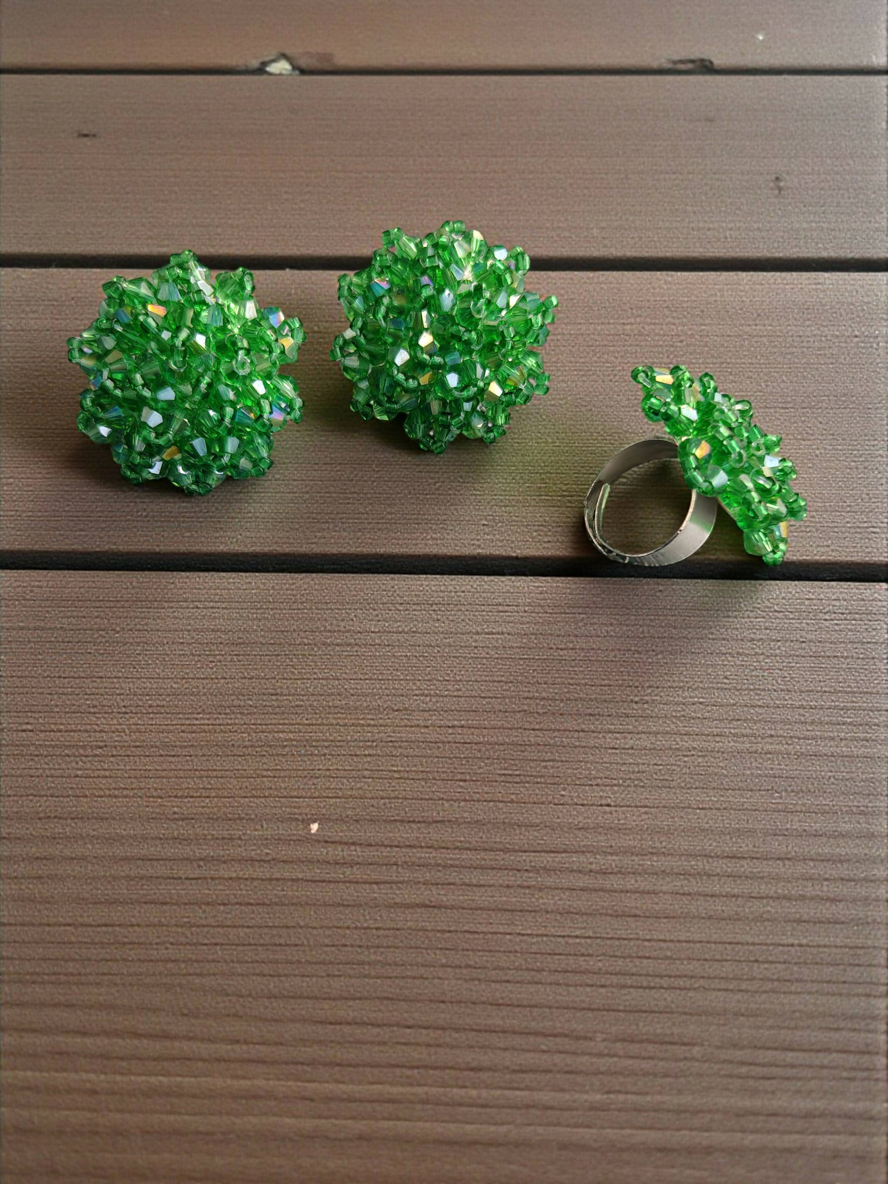 Inhanns Rangmani Crystal Duo – Adjustable Ring + Statement Earrings Set - Pista Green - Distacart