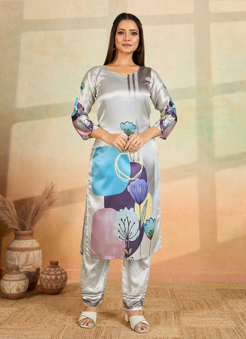 Prazu Fashion Light Grey Printed Cotton Reyon Kurta Pant Set - Distacart