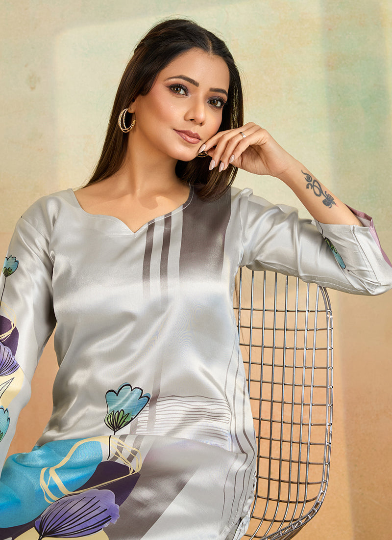 Prazu Fashion Light Grey Printed Cotton Reyon Kurta Pant Set - Distacart