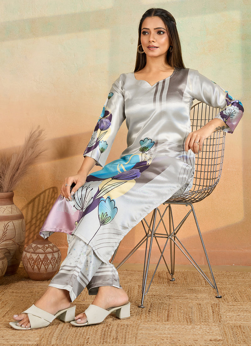 Prazu Fashion Light Grey Printed Cotton Reyon Kurta Pant Set - Distacart