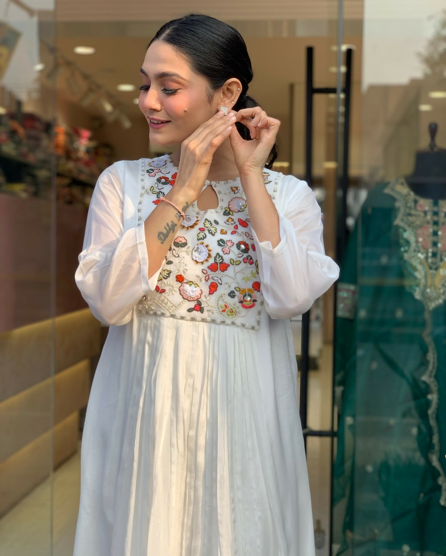 The52 White Women's Gorgeous Embroidered Viscose Chiffon Fabric Pleated Kurta Pant with Dupatta Set - Distacart