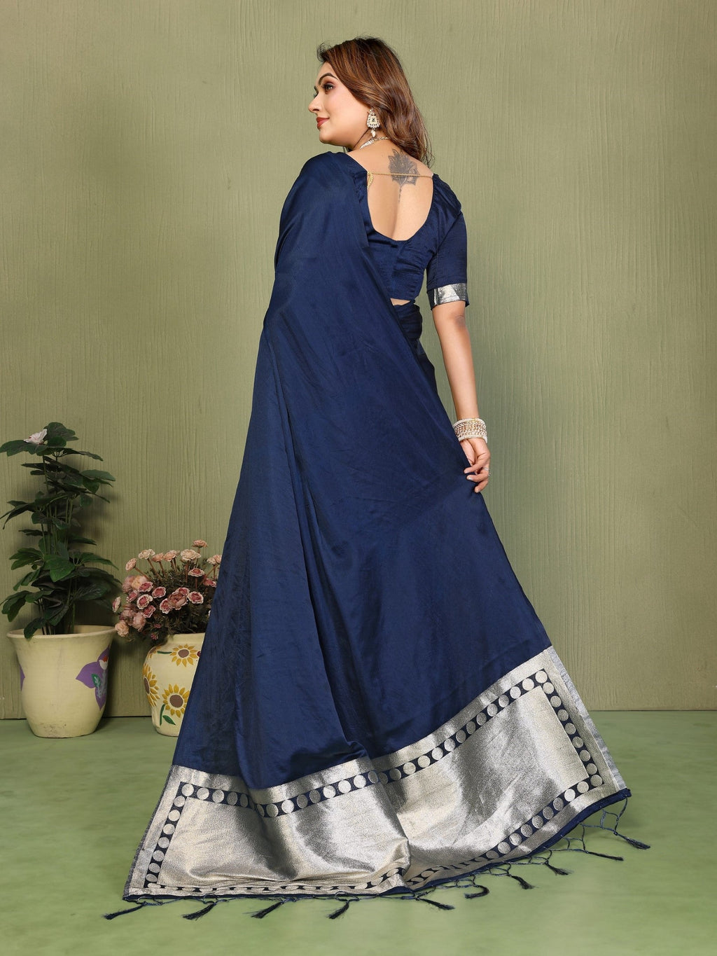 Anaita Navy Zari Weaving Work Satin Silk Saree With Blouse - Distacart
