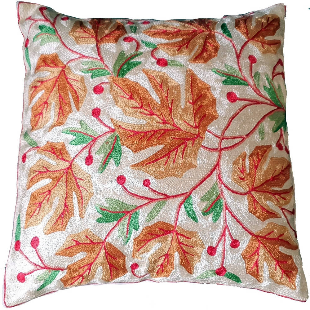 The Decor Nook Hand Embroidered Crewel Cushion Covers in Mustard Chinar Leaf Motif