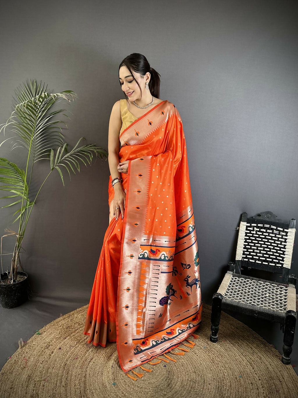 Joban Fashion Orange Peacock & Floral Motifs Soft Lichi Silk Kanchipuram Saree - Distacart