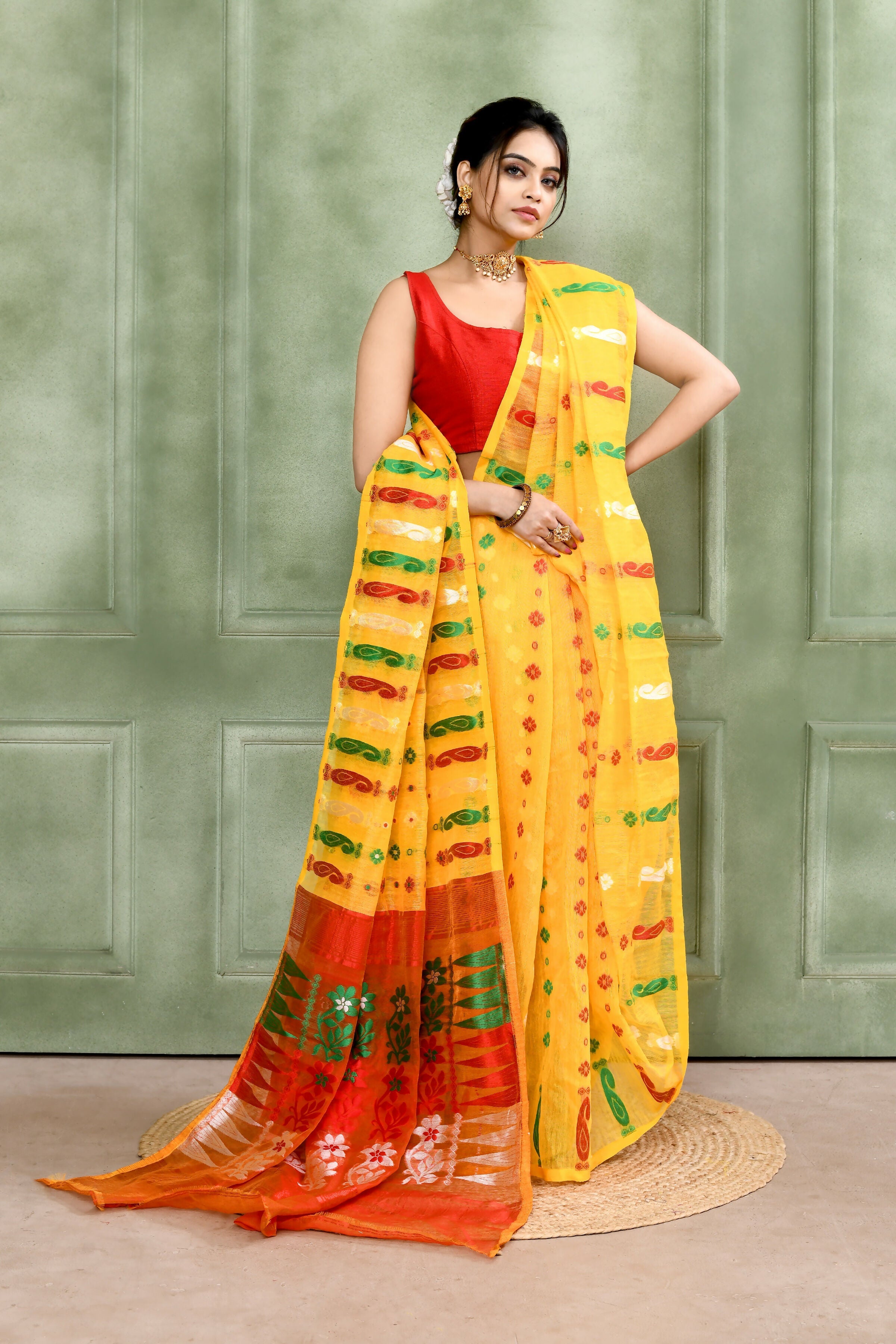 Piyari Fashion Women's Yellow Embellished Cotton Blend Jamdani Saree - Distacart