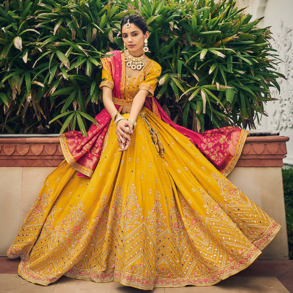 Yellow Heavy Viscose Khatli, Embroidery & Mirror Work Unstitched Lehenga Choli - Sisha Keshav