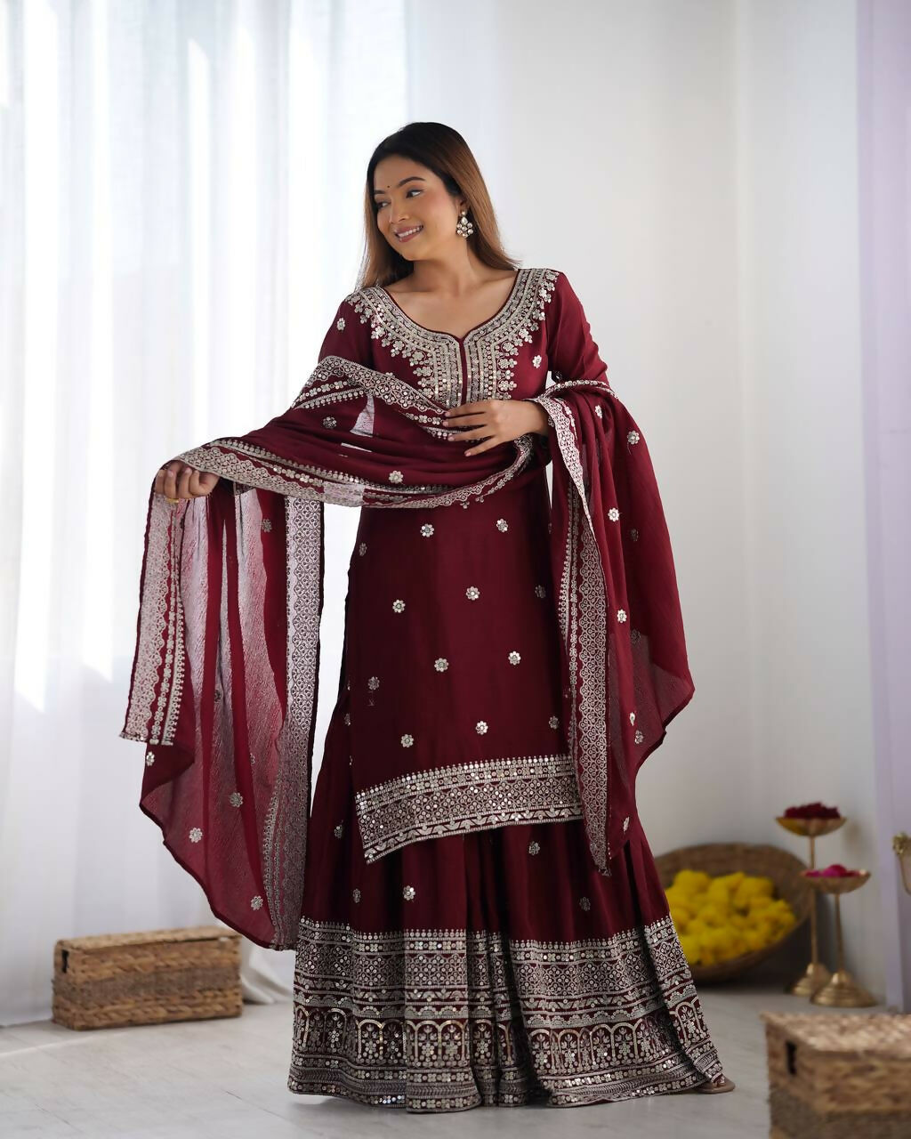 Joban Fashion Maroon Kurta Set Silk Sequins , Zari, Coding & Thread Embroidered work - Distacart