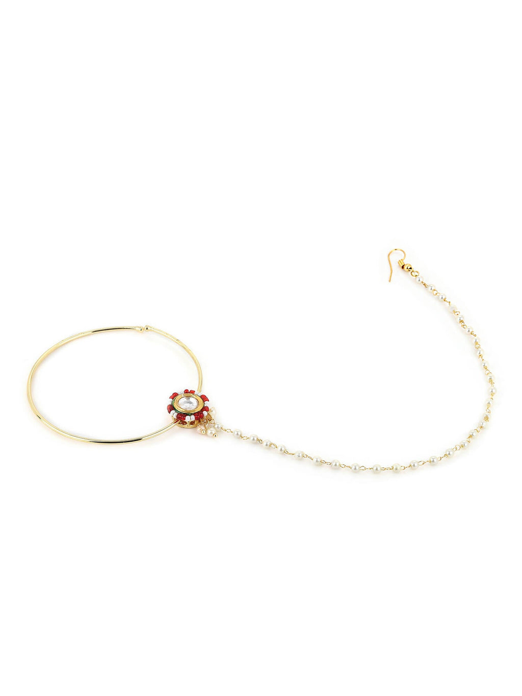 Gold-Pleated Red White Kundan Studded Beaded Chained Nosepin - Ruby Raang - Distacart