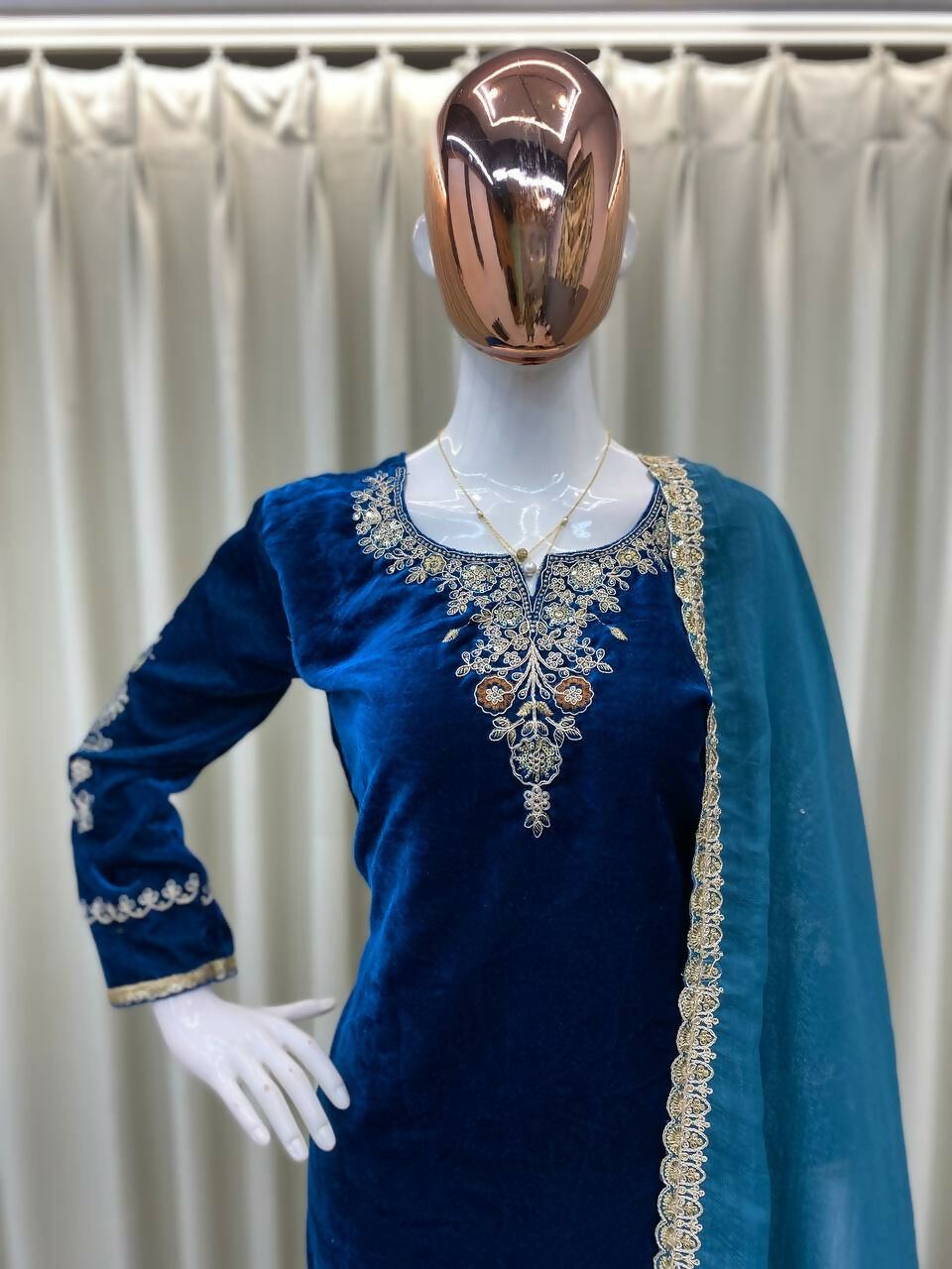 Vastranavya Teal Velvet Cording Sequence Embroidery Work Suit With Dupatta - Distacart