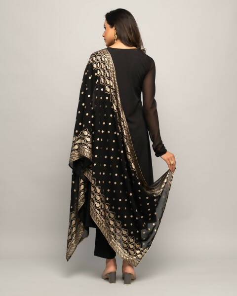 FIORRA Women's Black Creap A-Line Kurta Pant With Dupatta