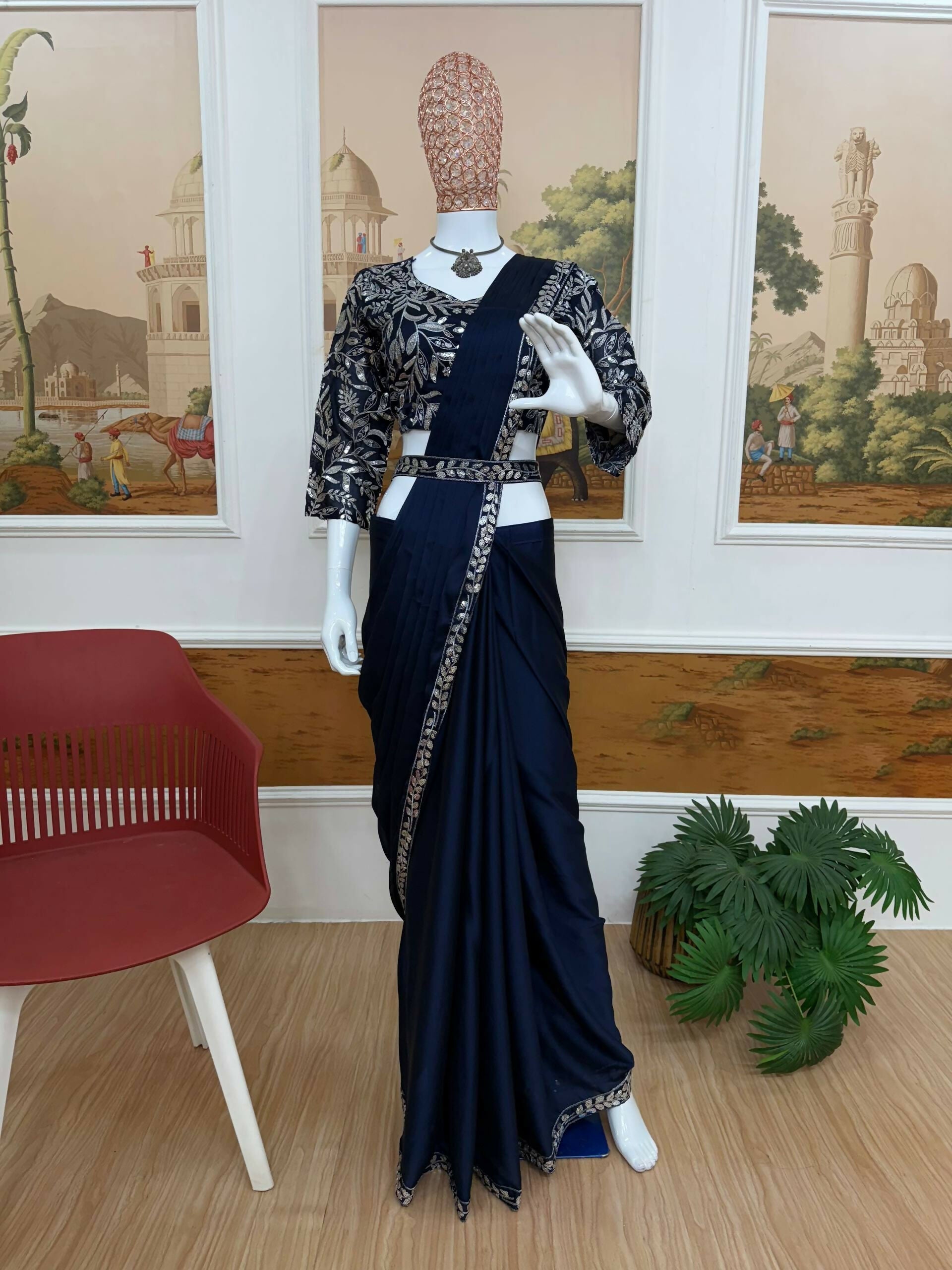 Teeya Creation Dark Blue Color Rangoli Silk Trending Ready To Wear Saree With Belt - Distacart