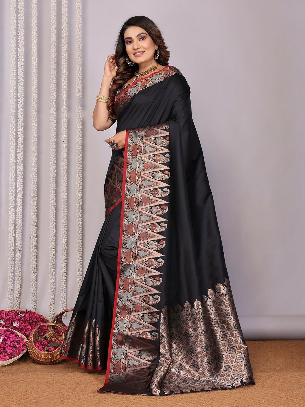 Joban Fashion Banarasi Black Jacquard Woven Soft Silk Saree - Distacart