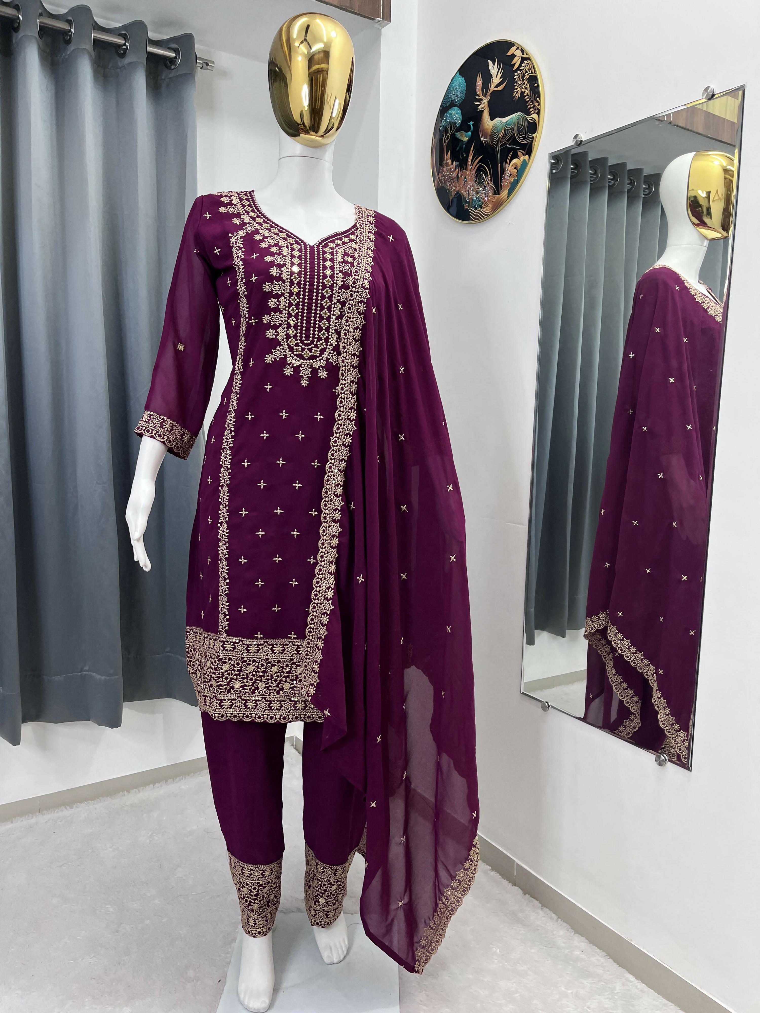 Teeya Creation Wine Color Faux Georgette Embroidery Work Party Wear Salwar Suit - Distacart