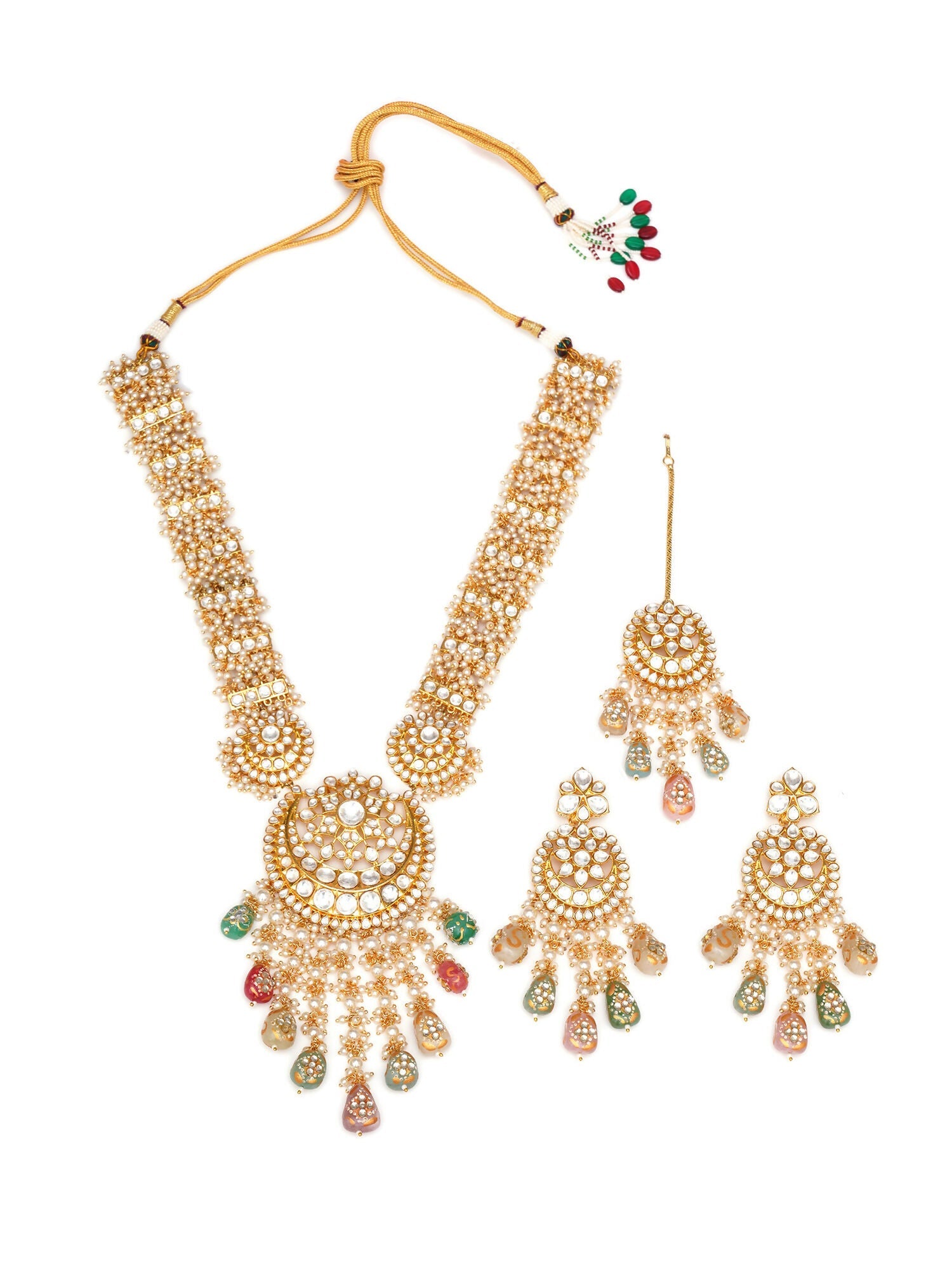 Long Kundan Neckpiece with Earrings & Maang Tikka with Multi Stones Jewellery Set (Gold) - Ruby Raang