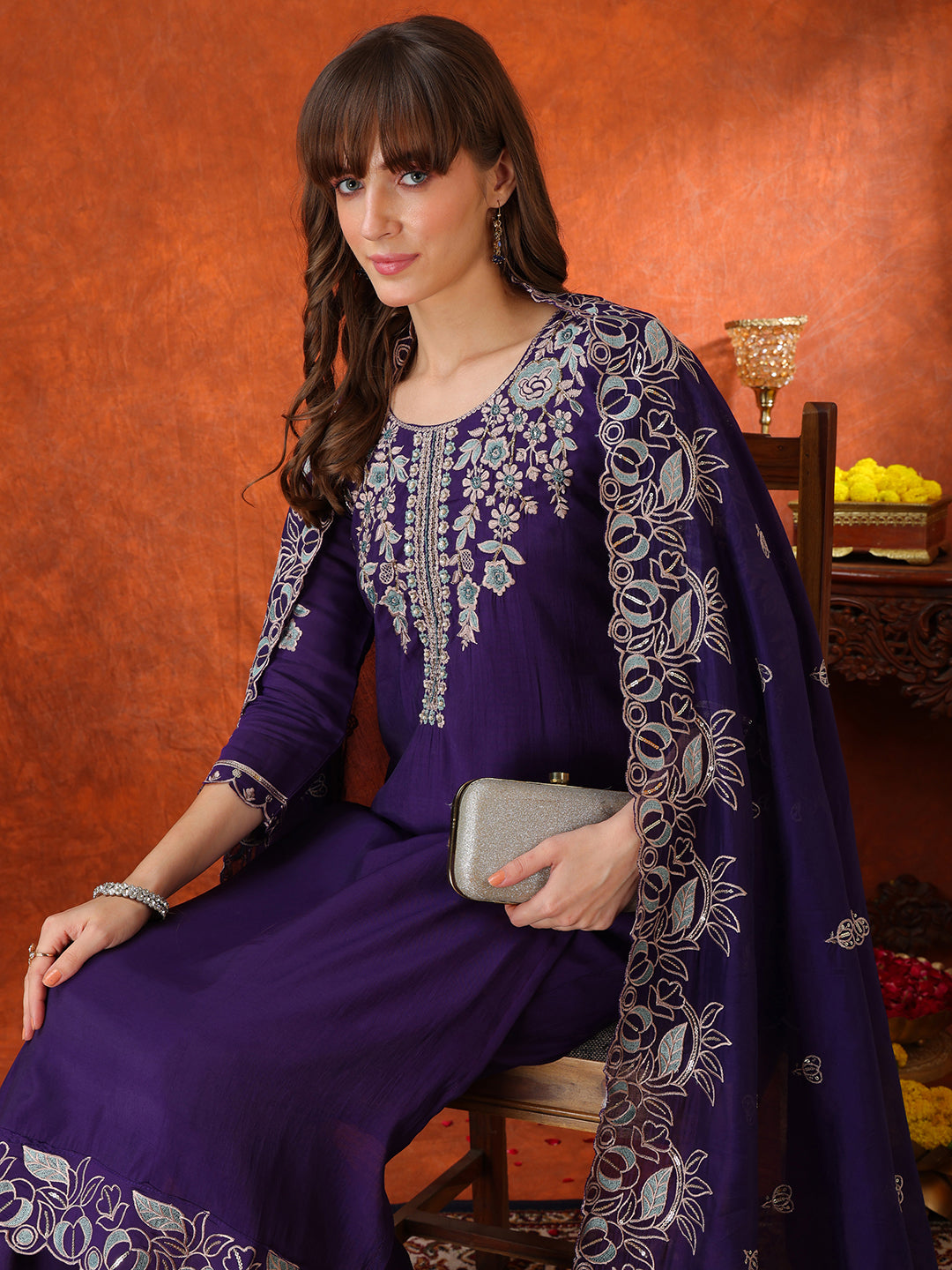 Hand Embroidered Kurta With Pant & Embroidered Dupatta, Purple - Hiral Fashion - Distacart