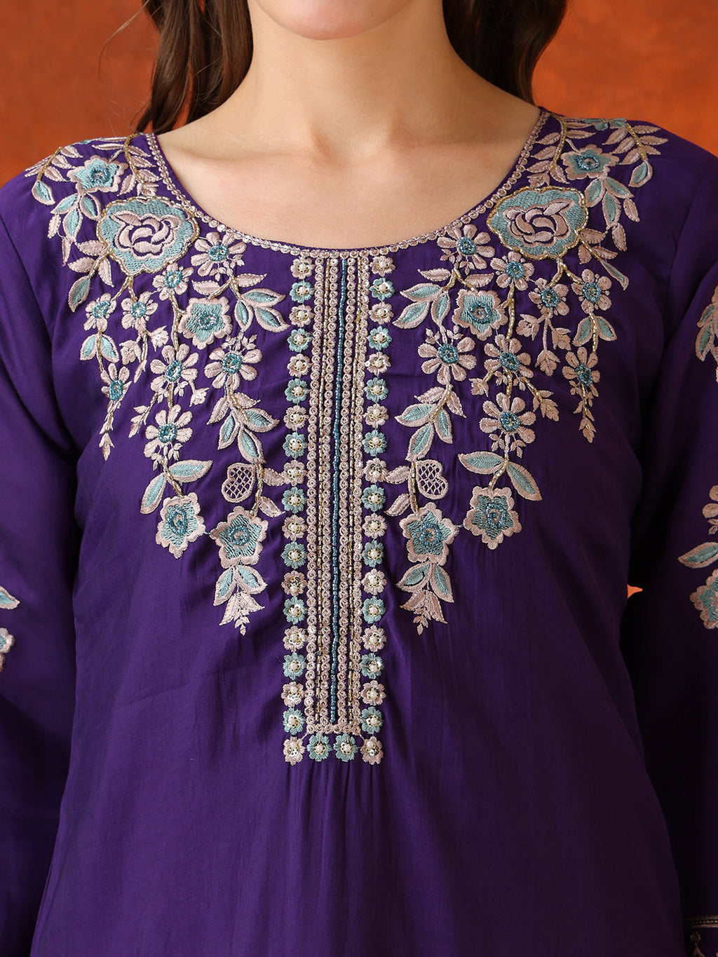 Hand Embroidered Kurta With Pant & Embroidered Dupatta, Purple - Hiral Fashion - Distacart
