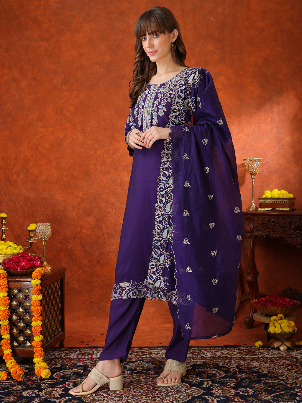 Hand Embroidered Kurta With Pant & Embroidered Dupatta, Purple - Hiral Fashion - Distacart