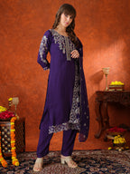Hand Embroidered Kurta With Pant & Embroidered Dupatta, Purple - Hiral Fashion - Distacart