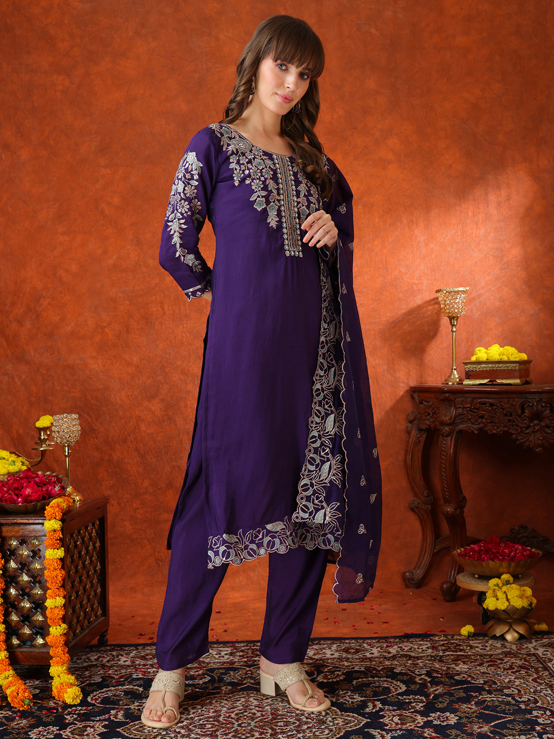 Hand Embroidered Kurta With Pant & Embroidered Dupatta, Purple - Hiral Fashion - Distacart