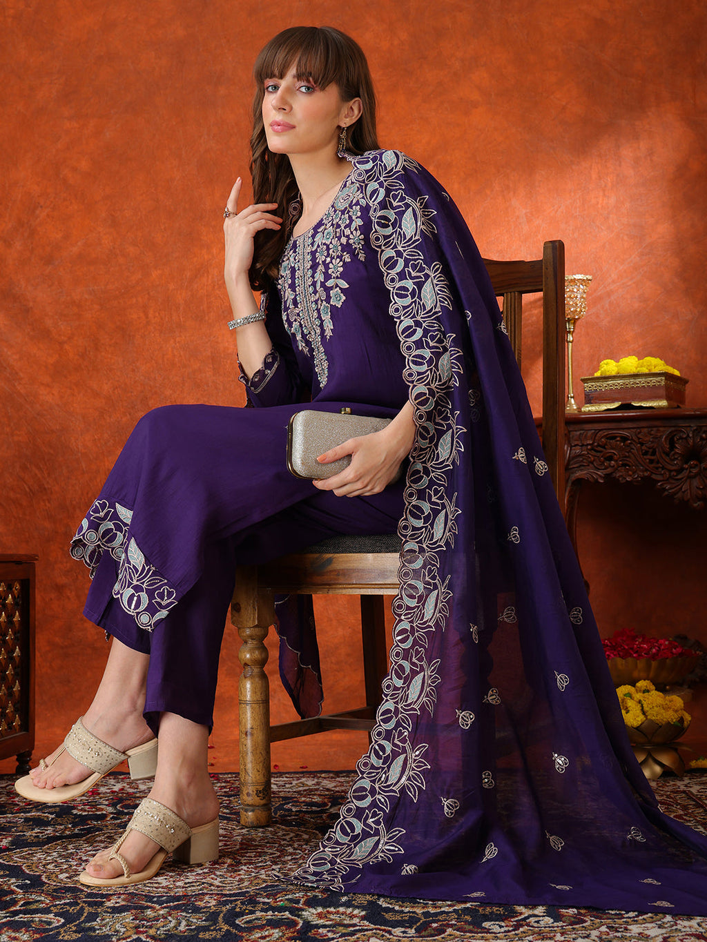 Hand Embroidered Kurta With Pant & Embroidered Dupatta, Purple - Hiral Fashion - Distacart