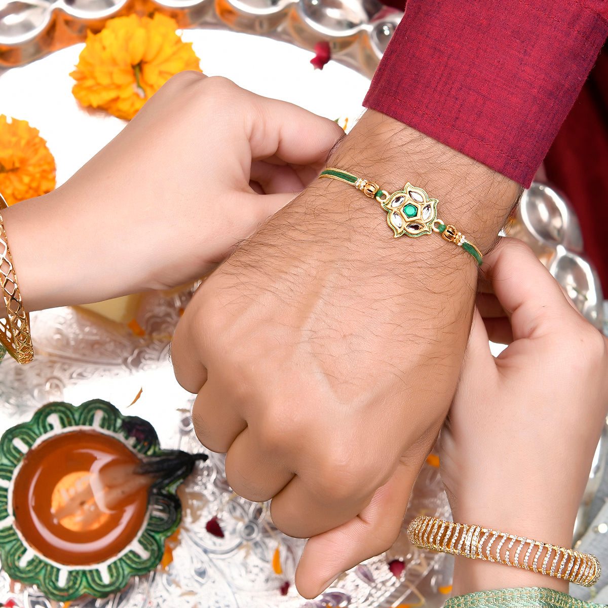 trueBrowns X Voylla Green Gems Studded Ethnic Thread Rakhi - Distacart