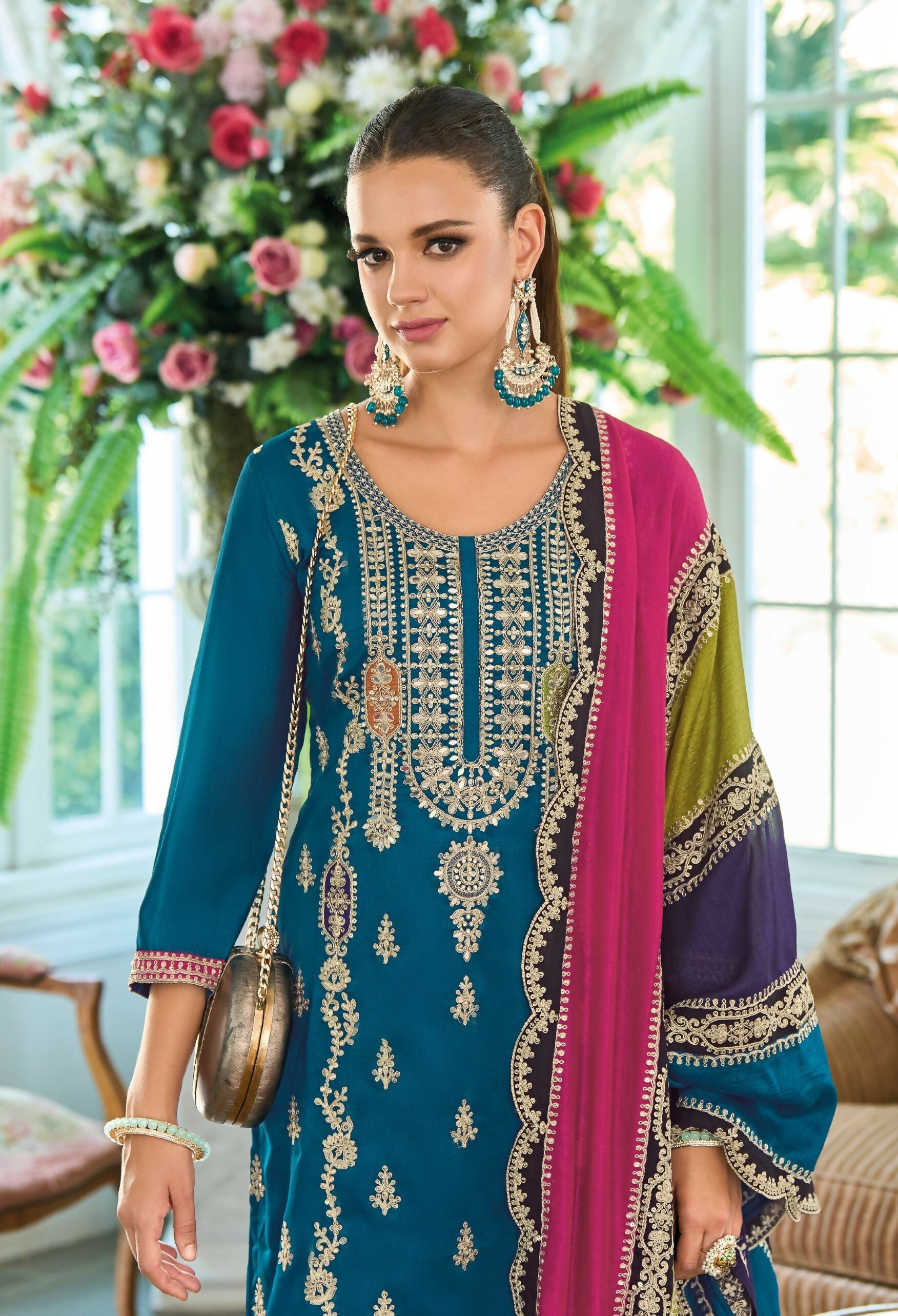 Anaita Teal Premium Embroidered Chinon Stitched Salwar Suit - Distacart
