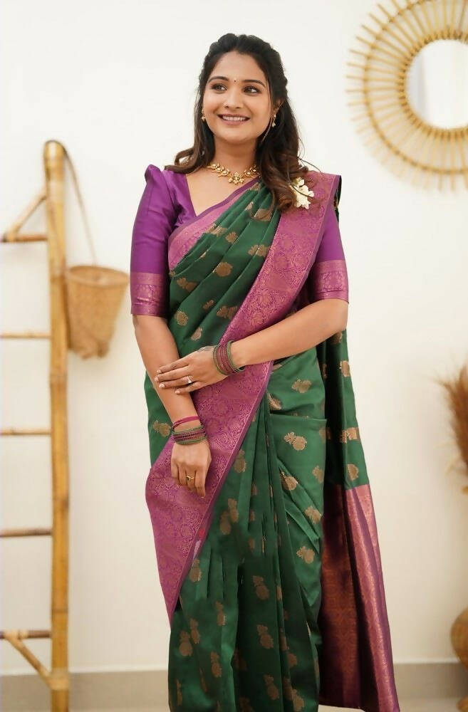 DEIANA'S Beautiful Designer Golden zari Soft Lichi Silk Saree - Green