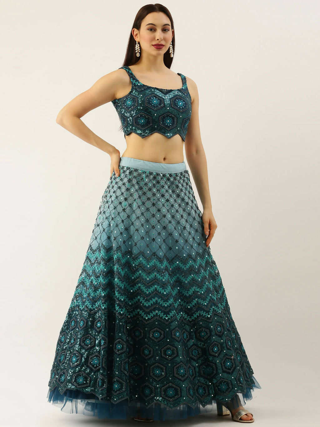 House of Panchhi Women Teal Net Embroidered Sequins Lehenga & Blouse with Dupatta