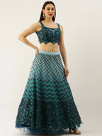 House of Panchhi Women Teal Net Embroidered Sequins Lehenga & Blouse with Dupatta