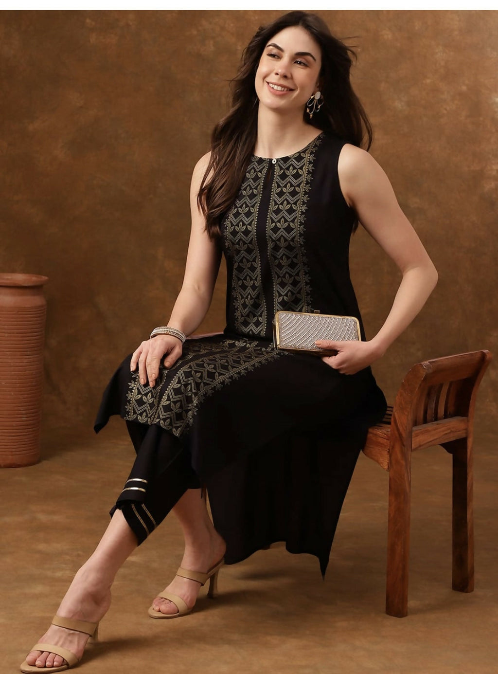 Cheera Women Stylish Hand Block Printed Cotton Blend Flared Kurta - Black