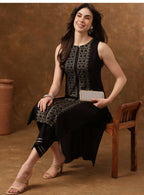 Cheera Women Stylish Hand Block Printed Cotton Blend Flared Kurta - Black