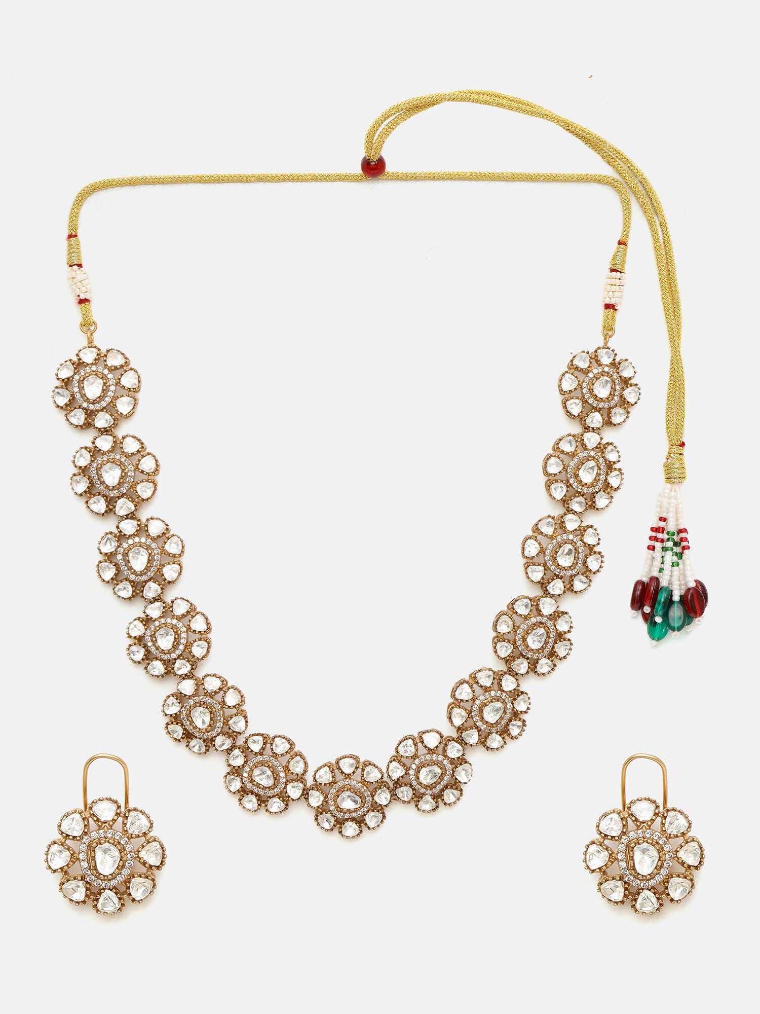 Ruby Raang Gold Polished Kundan Work Gold Kundan Flower Necklace With Stud Earrings