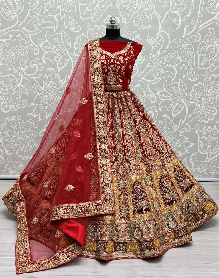 Jyoti Fashion Women's Red Velvet Fancy Dori, Zari with Multi Thread Embroidered Wedding Lehenga Choli
