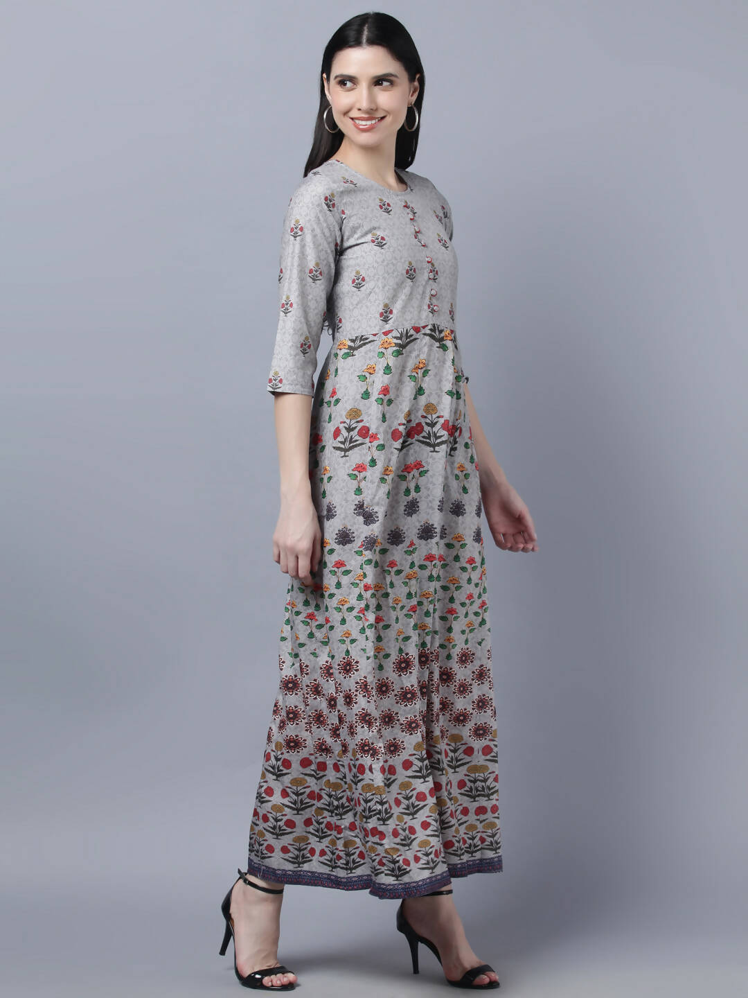 Myshka Women Grey Printed Ethnic Maxi Dress - Distacart