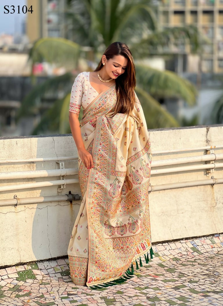 Yellow Pashmina Silk Wevon Kashmiri Meenakari Designer Saree with Unstitched Blouse - Vandini
