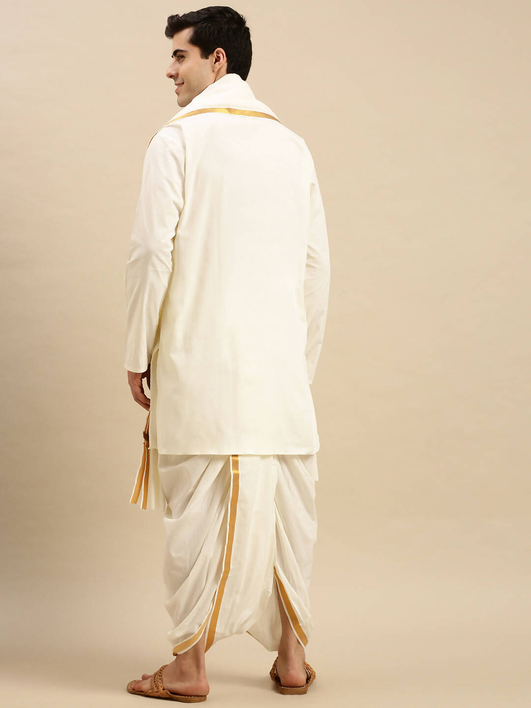 Ramraj Cotton Premium Wedding Cream Readymade Panchakacham,Kurta & Towel Set RP Jari