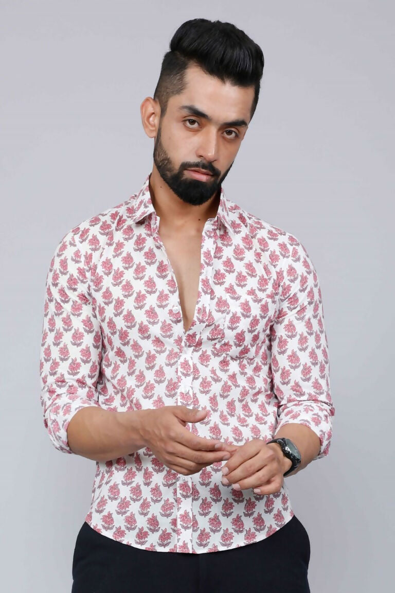 Miravan Men's White & Pink Spread Collar Floral Print Shirt