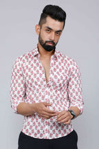 Miravan Men's White & Pink Spread Collar Floral Print Shirt